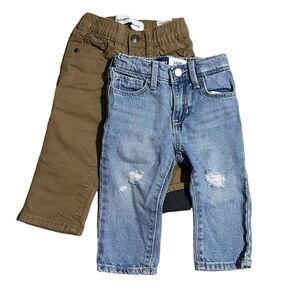 Lot (2) Old Navy Boys Blue Jeans Kakhi Flannel Lined Pants Bundle Size 18 months